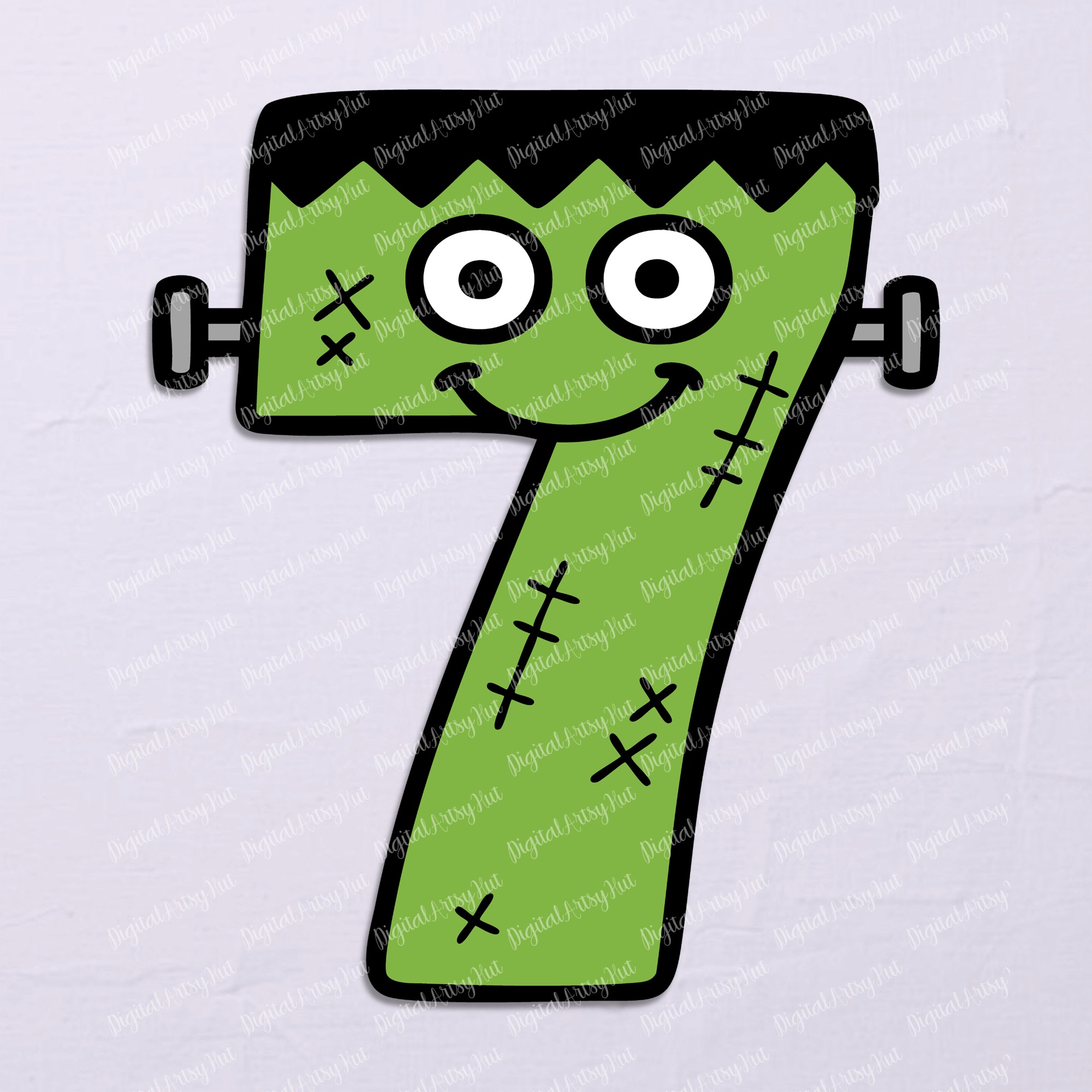Halloween Cute Green Monster Numbers — Number 7